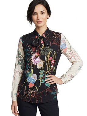 Hale Bob Floral Keyhole Blouse XS Tie Neck Long Sleeve Black White Flower Top